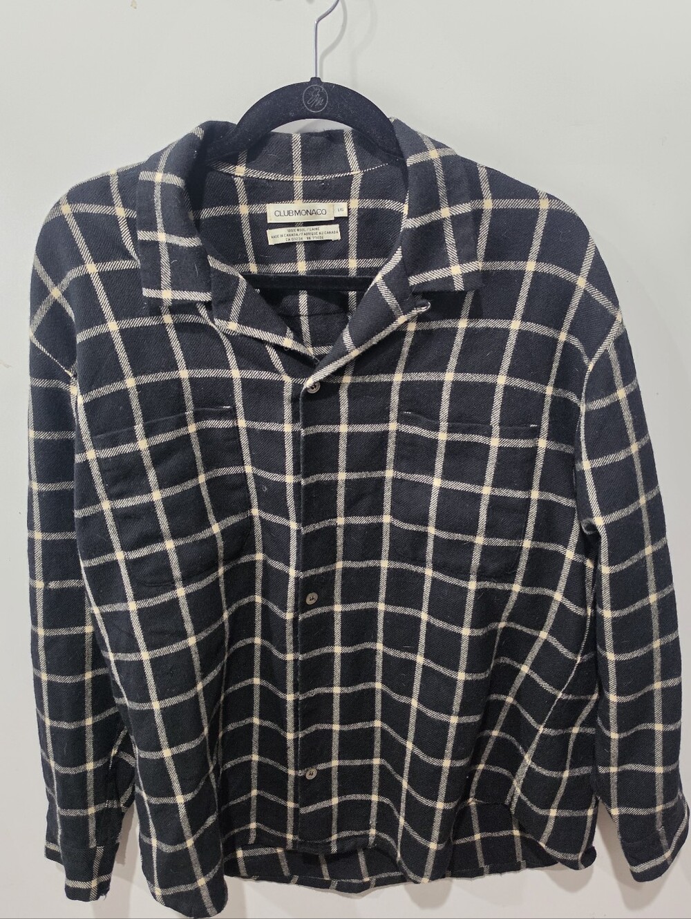 Club Monaco Womans  Black & White Button Down 100% Wool Shirt Size L